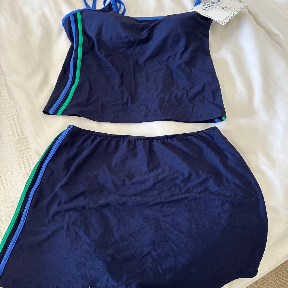 IT FIGURES NEW SWIMSUIT TWO PIECE HIP HIDER BLUE WITH STRIPE WOMEN'S SKIRTED 14